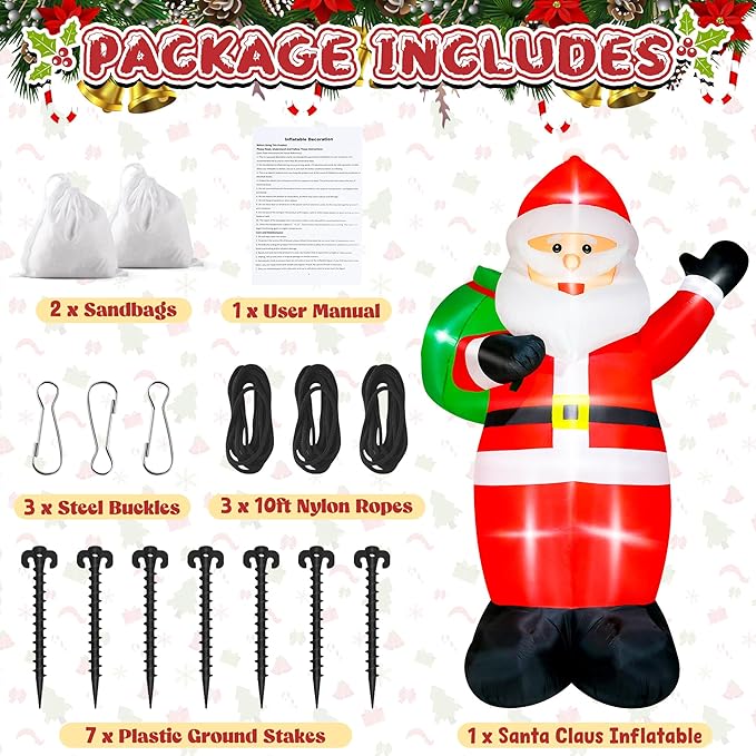 15FT Christmas Inflatables, Giant Inflatable Santa Claus Holding Gift Bags, Blow Up Christmas Santa Claus with 8pcs LED, Inflatable Santa Claus Outdoor Decorations for Party Holiday Lawn Yard