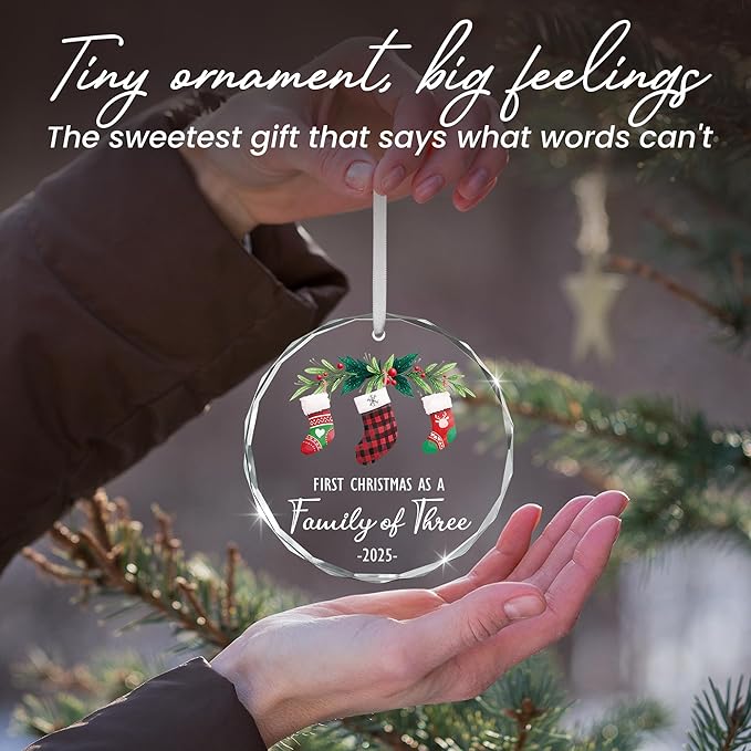 Baby’s First Christmas Ornament 2025 – Christmas Tree Decoration Glass Ornaments - Family of Three Ornament Gifts for New Parents, New Mom Dad Gift, Christmas Tree Decoration Keepsake