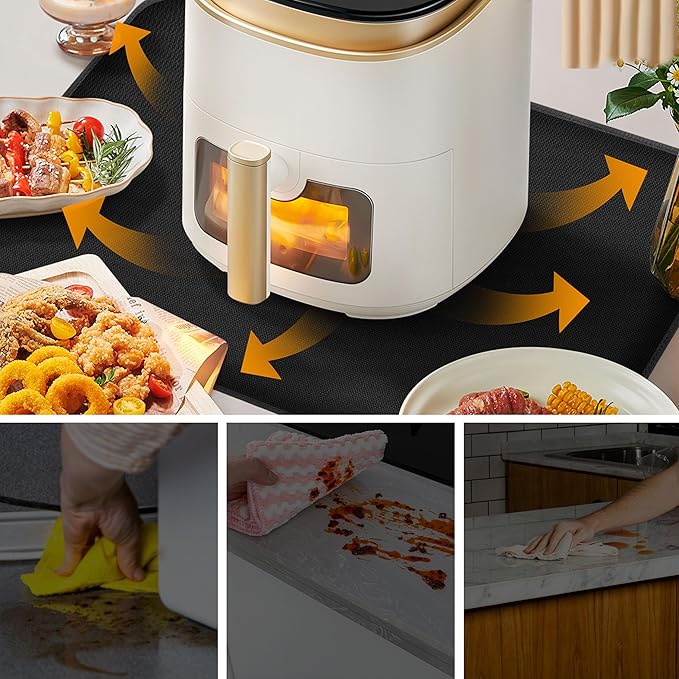 Heat Resistant Mat for Air Fryer Site - 23.6 x 15.7in, Fireproof Silicone Mats for Kitchen Counter, Countertop Protector, Non-slip & Waterproof for Deep Fryer, Oven, Coffee machine (Black)