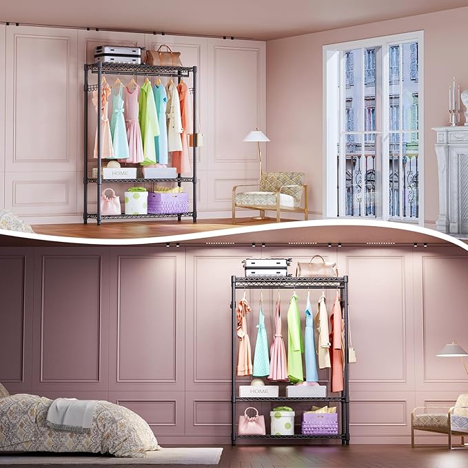 IZEUK Heavy Duty Garment Rack, Freestanding Clothing Rack for Hanging Clothes with 1 Rod, 3 Tiers & Side Hooks, Adjustable Metal Wardrobe Closet Organizer, 45.3" W x 15.7" D x 72.4" H, Dark Grey