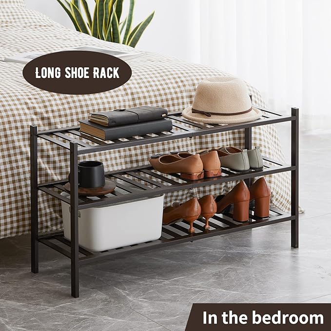 Long Shoe Rack, 3-Tier Bamboo Stackable Shoe Shelf Storage Organizer, Shoe Stand for Closet, Entryway and Hallway