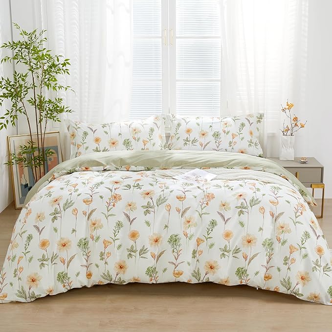 SAPHREAS Floral Duvet Cover Set Full Size 3pcs Yellow Flower Green Botanical Bedding Comforter Cover Set 100% Cotton 1 Duvet Cover 90"x80" 2 Pillow Shams, Comforter Not Included