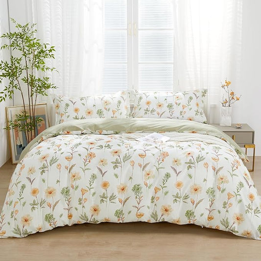 SAPHREAS Floral Duvet Cover Set Full Size 3pcs Yellow Flower Green Botanical Bedding Comforter Cover Set 100% Cotton 1 Duvet Cover 90"x80" 2 Pillow Shams, Comforter Not Included