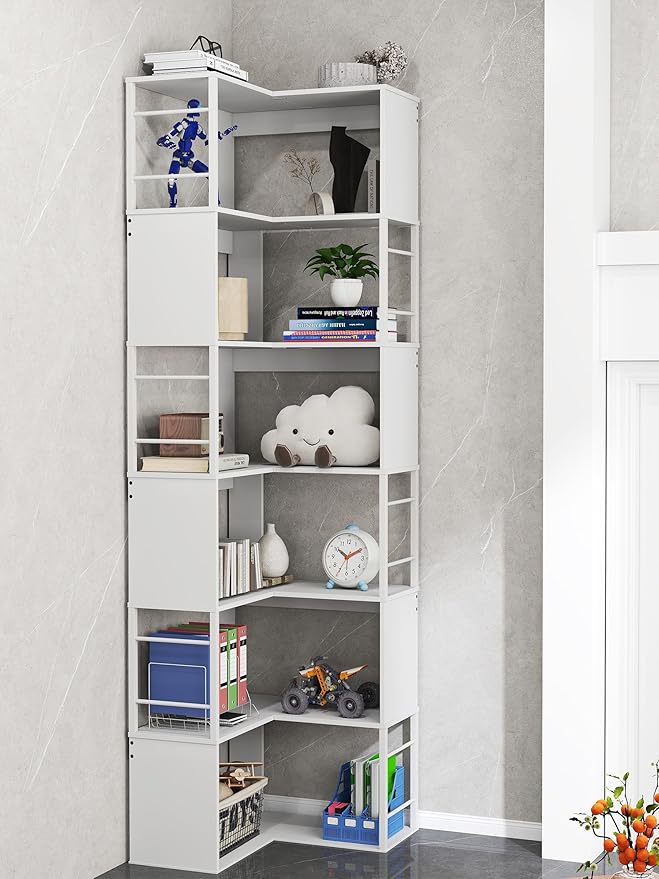 7 Tier Corner Bookshelf 74 Inches Tall Corner Bookcase Industrial L Shaped Book Shelf with Metal Frame Display Rack Storage Organize for Home Office,Living Room,Bed Room (White)