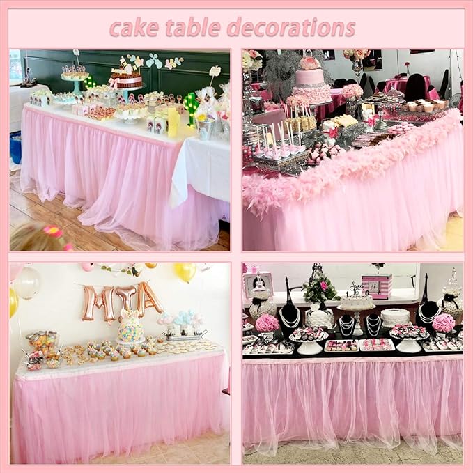 Suppromo 14ft Pink Table Skirt Tulle Tutu Tablecloth for Rectangle or Round Table For Birthday Party Baby Shower Wedding Decorations (L14(ft) H 30in, Pink)