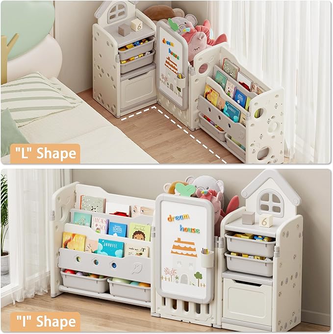Kids Toy Storage Organizer with 10 Removable Bins, Foldable Toy Organizers and Storage with 3-Tier Bookshelf for Kids Toy Storage Organizer with Drawing Board, Extra 3 Brushes (3 In 1 Off-white)