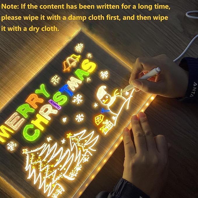 LED Note Board with Colors, Acrylic Dry Erase Board with Light and 7 Colorful Pens, Light up Dry Erase Board with Stand for Family/Office/School/bar/Cafe (11.8 X 7.9”)