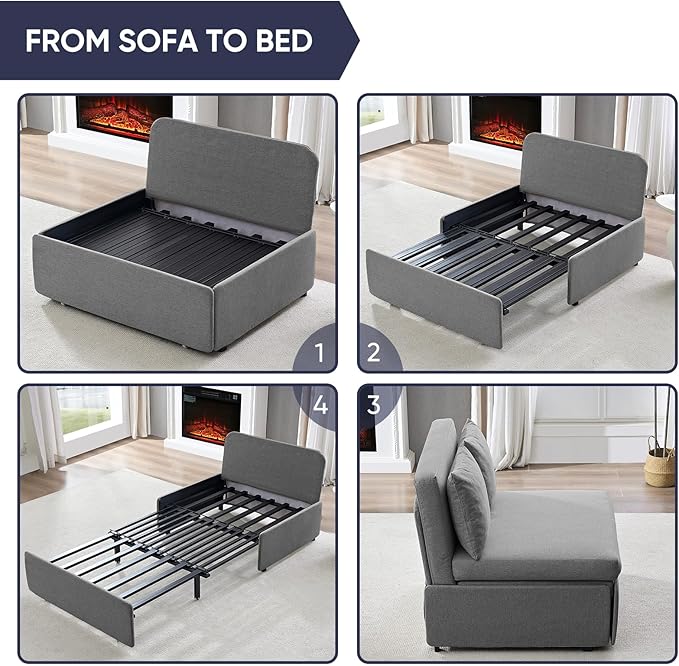 2 in 1 Pull Out Sofa Bed Full Size, Small Convertible Sleeper Sofa Couch, Linen Folding Guest Bed with Wheels and Cushions Pillow, Futon Sofas Couch Beds for Bedroom Office Lounge - Light Grey