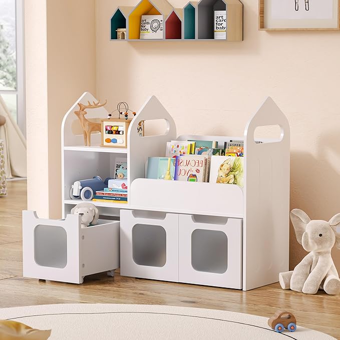 Toy Storage Organizer with 3 Movable Drawers and Storage Cubby, 25.5" H Kids Bookshelf and Toy Storage, Book Shelf for Kids Room, Nursery, Playroom, Bedroom, White