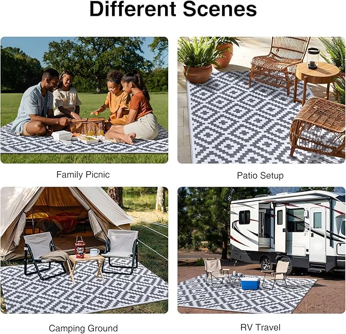 OLANLY Waterproof Outdoor Rug 5x8 ft, Outdoor Plastic Straw Rug for Camping, RV Mat Outside, Outdoor Carpet for Porch, Deck, Backyard, Balcony, Picnic, Grey & White