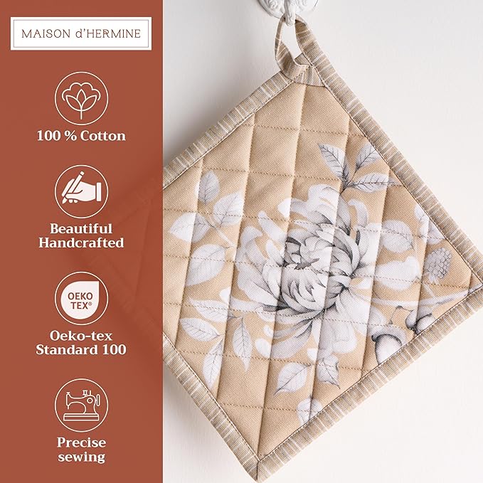 Maison d' Hermine Pot Holders Set 100% Cotton Heat Resistant Potholders 8" x 8" Hot Pads with Loop for Thanksgiving Christmas Decorations BBQ Baking Handling Hot Pans (Pack of 2, Pretty Autumn)