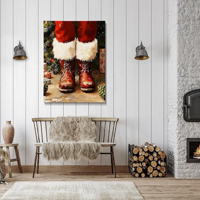 Vintage Christmas Boots Canvas Wall Art - Rustic Winter Wall Art Framed Print for Farmhouse Living Room, Cozy Christmas Wall Decor with Red Accents, Ideal Christmas Gifts & Festive