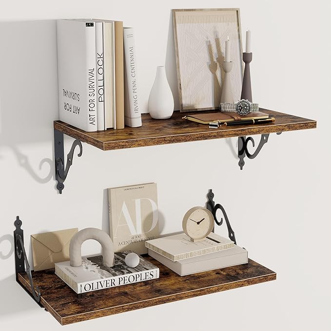 Deep Floating Shelves, 24" W x 12" D Wall Shelves Set of 2, Wide Display Shelf Wall Mounted with Brackets, Bookshelf for Living Room, Bathroom, Bedroom, Rustic Brown