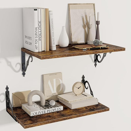 Deep Floating Shelves, 24" W x 12" D Wall Shelves Set of 2, Wide Display Shelf Wall Mounted with Brackets, Bookshelf for Living Room, Bathroom, Bedroom, Rustic Brown