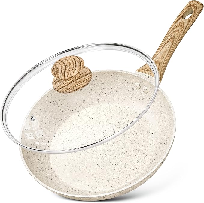 MICHELANGELO 10 Inch Nonstick Frying Pan with Lid, Non Stick Pan with Non-Toxic Coating, Granite Skillet with Anti-Scald Handle, Induction Compatible