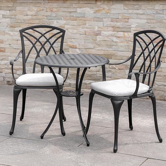 Patio Bistro Sets Cast Aluminum Bistro Table and Chairs Set of 2 with Umbrella Hole,Outdoor Bistro Set with Cushion for Yard (BLACK1)