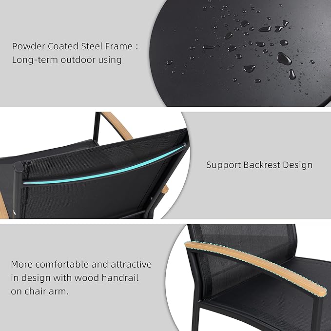 Shintenchi 3 Pieces Patio Bistro Sets, Outdoor Textilene Fabric Conversation Bistro Set, Textilene Fabric Front Porch Chairs Small Patio Furniture Set with Table for Lawn,Garden,Balcony (Black)