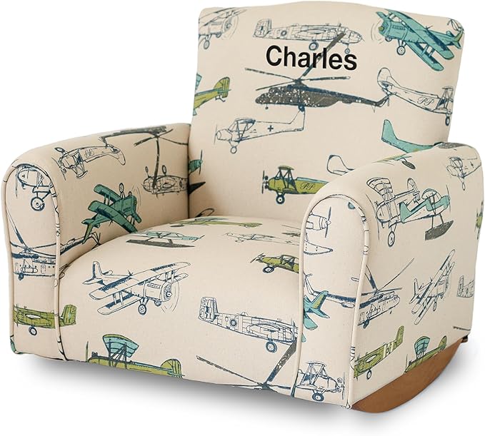 Toddler Personalized Armchair, Kids Upholstered Rocking Chair with Personalization, Toddler Chair with Personalized Name, Comfy Child Armchair, (Airplanes Print, Rockers)