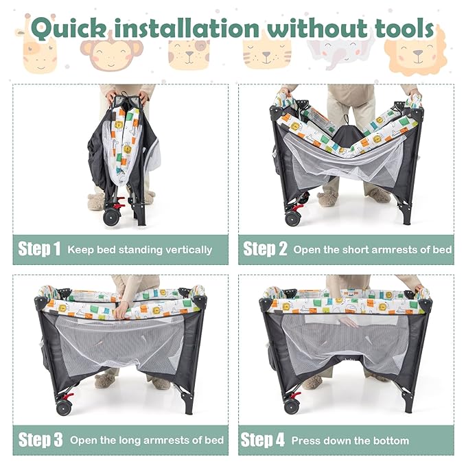 BABY JOY 5-in-1 Pack and Play, Baby Bedside Sleeper with Bassinet, Multifunction Bedside Crib from Newborn to Toddlers, U-Shaped Diaper Changer, Playard, Safety Strap, Music Box & Hanging Toys