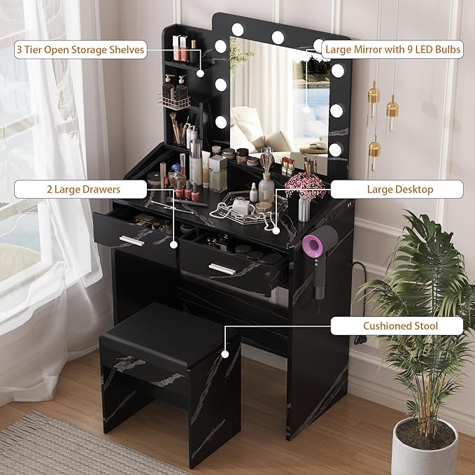 Vanity Desk with Mirror and Lights for Bedroom, Marble Black Modern Makeup Table with 2 Drawers, 3 Light Modes & Dimmable LED, Includes Stool