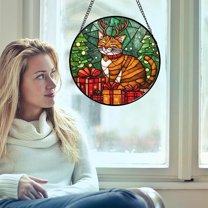 Stained Glass Window Hanging Orange Cat Elk Antler Large 11.8" - Suncatcher Door Garden Kitchen Sun Catcher Home Decor Birthday Gifts for Lost Pets Mom Men Woman Friend Grandma