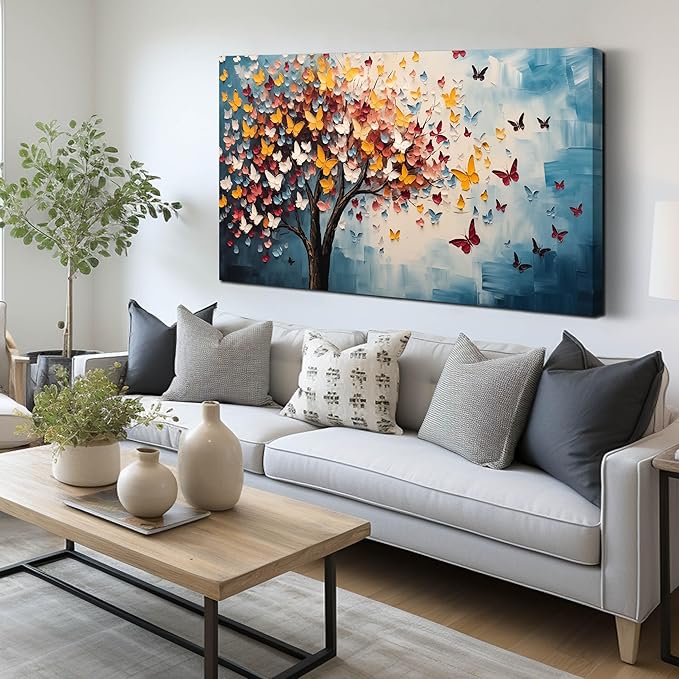 Butterfly Tree Canvas Wall Art for Living Room Bedroom Home Office Blue Colorful Tree of Life Wall Art Modern Large Framed Canvas Prints Size 24x48