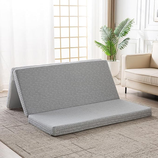 Foldable Mattress, 4 Inch Memory Foam Guest Floor Mat, Tri Folding Portable Mattress for Kids and Adults, Washable Cover, Non-Slip Design, Single Size (25.2" L x 74" W x 4" Th), Grey