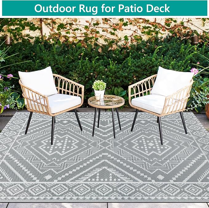 Waterproof Outdoor Rug 4x6 ft, Reversible Plastic Straw Mat, Large Floor Mat for Patio, Camping, Picnic, Backyard RV, Deck, Grey