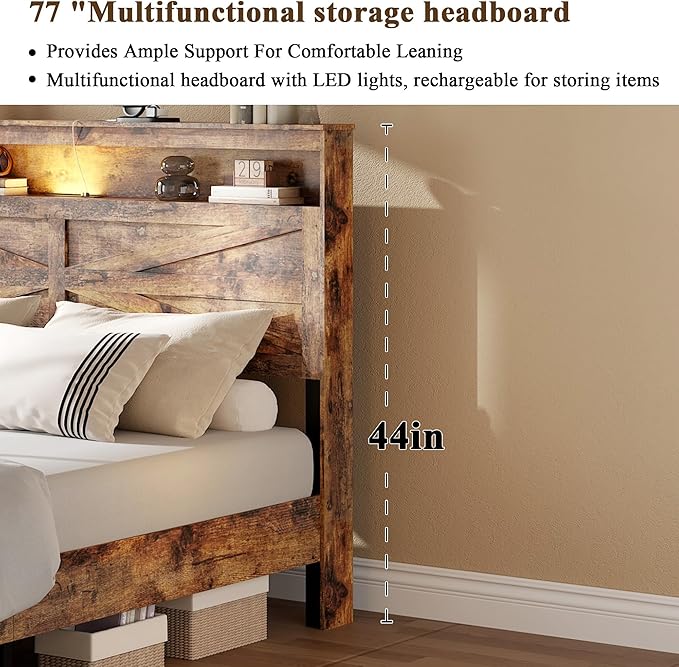 Farmhouse King Size Bed Frame with Headboard Storage Shelf, Wood Platform Bed Frame with LED Lights & Charging Station, Rustic Brown Metal Bed, No Box Spring Needed, Noise-Free Sturdy Structure