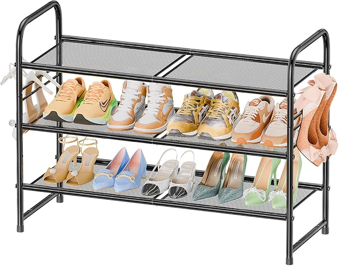 SUFAUY 3-Tier Mesh Shoe Rack, Closet Metal 33" Wide Shoe Rack Organizer Heavy Duty, Black