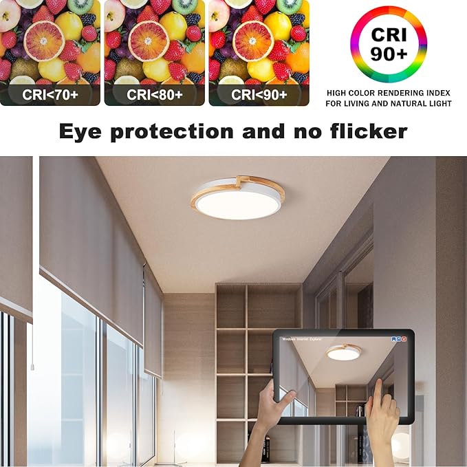 Modern LED Close to Ceiling Light, Round Flush Mount Ceiling Lighting Fixture, Matte White with Wood Accent, Minimalist Kitchen Light Fixtures for Bedroom, Entryway, Living Room, 15.8in