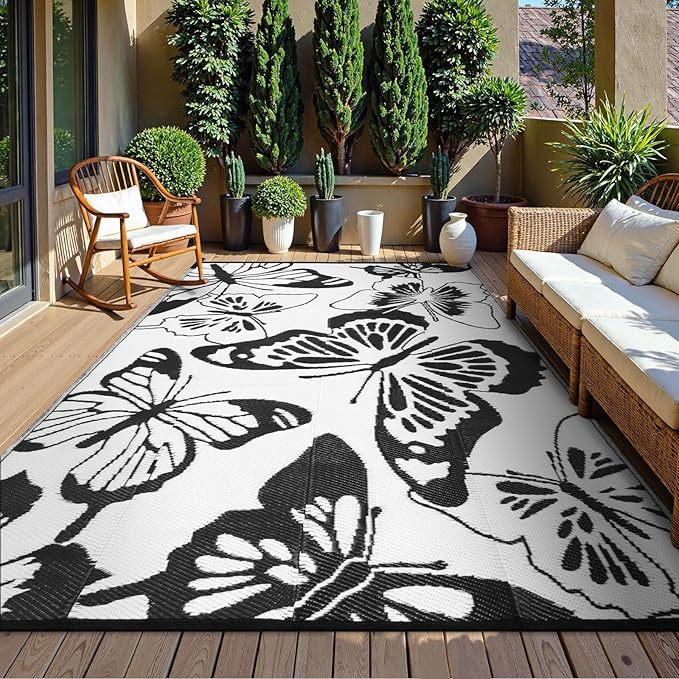 Beeiva Butterfly Outdoor Rug 6x9, Reversible Indoor Outdoor Rugs Waterproof, Lightweight Plastic Patio Rug for Camping, Deck, Balcony, Backyard - Black & White