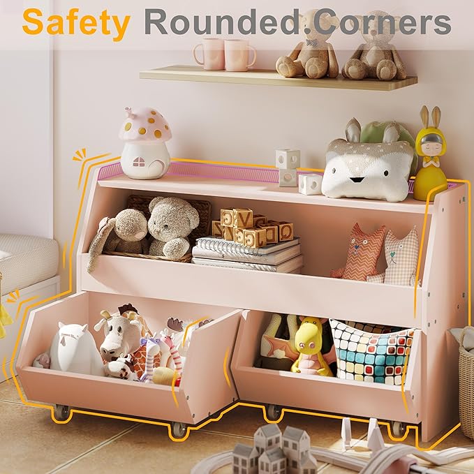 Toy Storage Organizer for Kids, Toy Storage Cabinet with Drawers, Boys and Girls Toy Shelf with Wheels, Toy Organizer Kids Bookshelf with Storage for Nursery, Playroom, Bedroom (Light Pink)