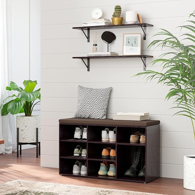 DINZI LVJ Shoe Bench, 9 Cubbies Shoe Organizer for Entryway, Storage Bench with Cushion, Cubby Shoe Rack with Adjustable Shelves for Living Room, Bedroom, Mudroom, Hallway, Espresso