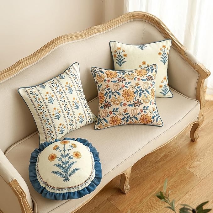 Design Square Simple Elegant Linen Throw Pillow Covers 18"x18" Pack of 2, Blue Yellow Floral Pattern Cushion Covers Decor Pillowcases for Bed,Living Room,Outdoor,Car