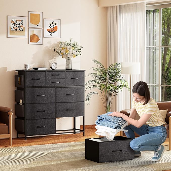 10 Drawer Dresser, Chest of Drawers for Bedroom, Fabric Dresser Drawers with Side Pockets, Hooks, Wooden Top and Sturdy Metal Frame for Living Room, Closet, Hallway, Nursery (Grey)