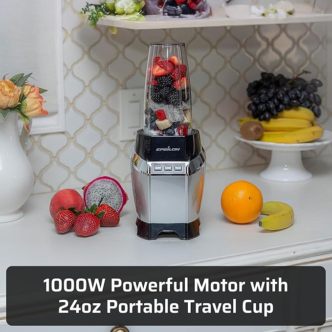 Epsilon Portable Smoothie Blender for Shakes & Smoothies with LED Display & 24 Oz BPA-Free Travel Cup, Personal Juicer Blender w/ 1000W High-Speed Motor for Ice Crushing & Frozen Blending