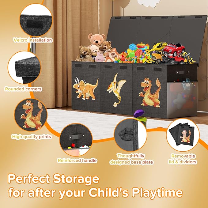 Extra Large Toy Box Chest, Collapsible Sturdy Toy Storage Organizer Boxes Bins Baskets Dinosaur Kids Toy Chest Bin with Lids for Boys Girls Living Room Playroom Bedroom Nursery 41"x14"x16" Black