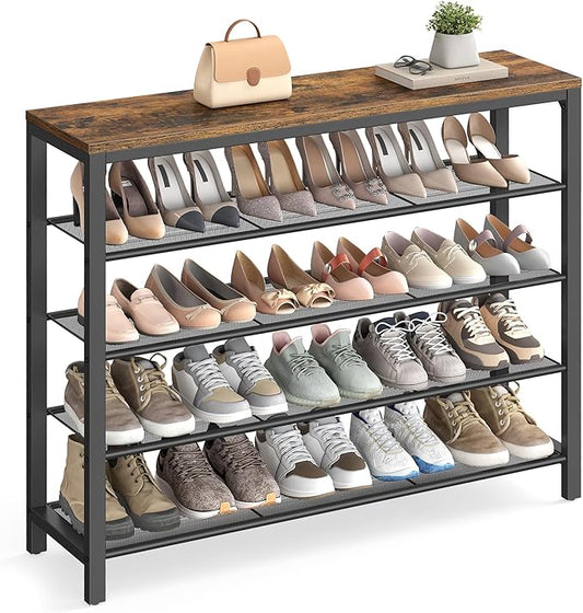 VASAGLE Shoe Rack, 5-Tier Shoe Storage Organizer with 4 Metal Mesh Shelves for 16-20 Pairs and Large Surface for Bags, for Entryway, Hallway, Closet, Industrial, Rustic Brown and Black ULBS15BX