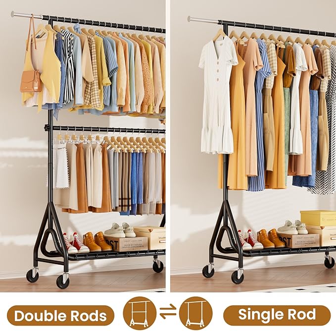 Heavy Duty Clothes Rack for Hanging Clothes, Double Rods Clothing Rack with Lockable Wheels, Rolling Metal Garment Racks Heavy Duty, Portable Wardrobe Closet Racks, Black