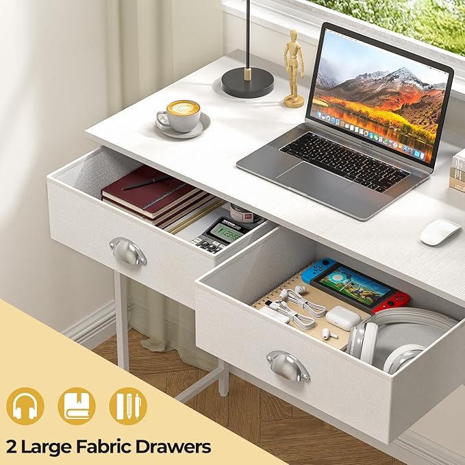 Small Writing Desk for Kids Bedroom, 31.5 Inch White Computer Desk for Small Spaces, Simple Desk with 2 Fabric Drawers for Home Office, Dorm, Living Room, Home Study Table, White