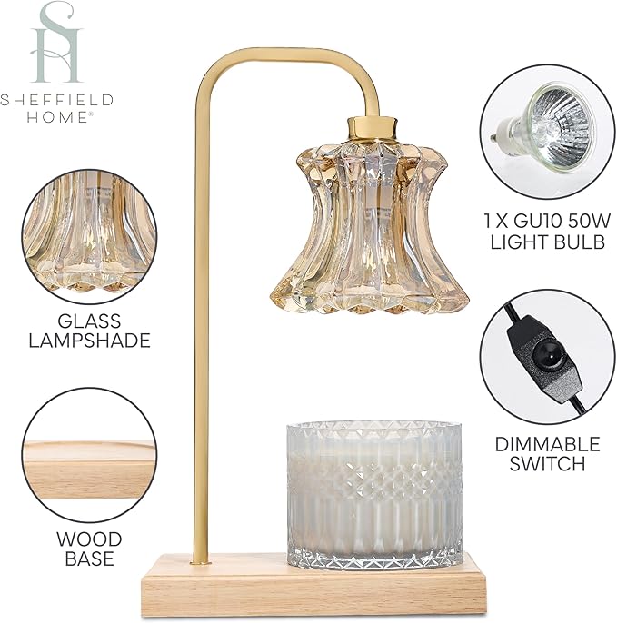 Sheffield Home Glass Candle Warmer Lamp – Elegant Candle Warmer for Long-Lasting Fragrance, Sleek Design, 13x8, Gold Glass Lampshade