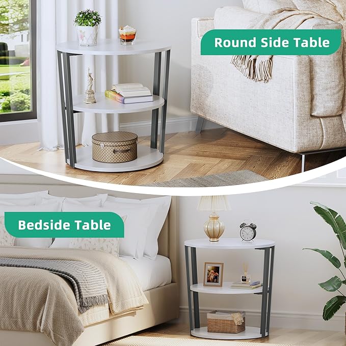 Rotating Round Side Table, 3-Tier End Table with Metal Frame, Nightstand for Small Spaces, Side Table Living Room Bedroom Sofa Bathroom, Gray-White