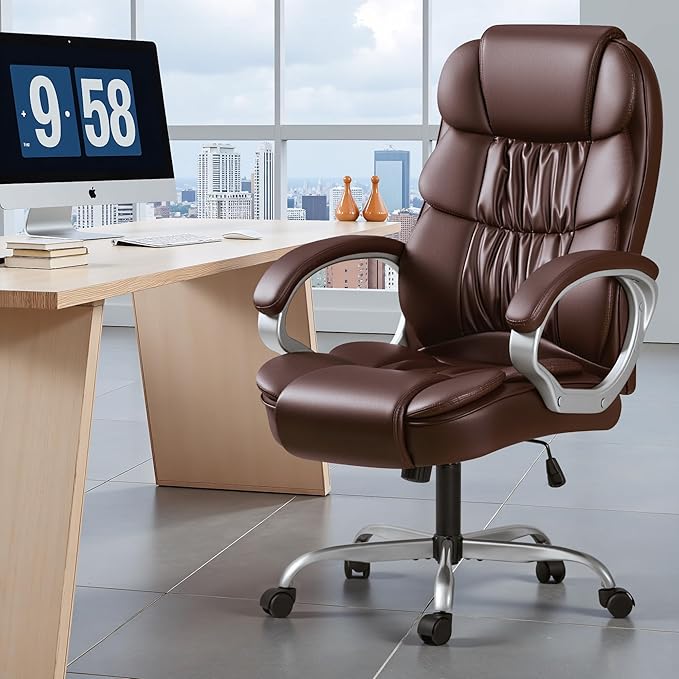 Homall Office Chair High Back Computer Chair Ergonomic Desk Chair, PU Leather Adjustable Height Modern Executive Swivel Task Chair with Padded Armrests and Lumbar Support (Brown)