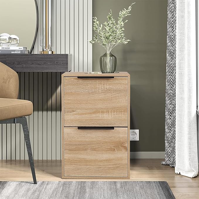Wood File Cabinet 2 Drawer Filing Cabinets with Hanging Bars for Letter Size, Wooden Samll Vertical Filing Cabinet for Home Office, Oak