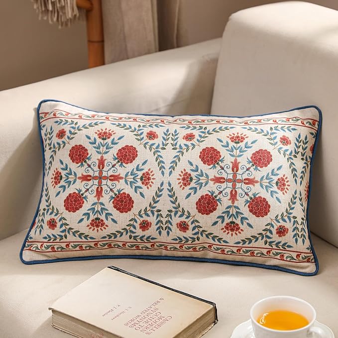 patdrea Designer Throw Pillow Covers Set of 2,Lumbar Brilliant Vintage Red Tropical Linen with Floral Pattern Pillow Cover,Decorative Rectangle Pillowcases Cushion for Bed Living Room,12"x20"