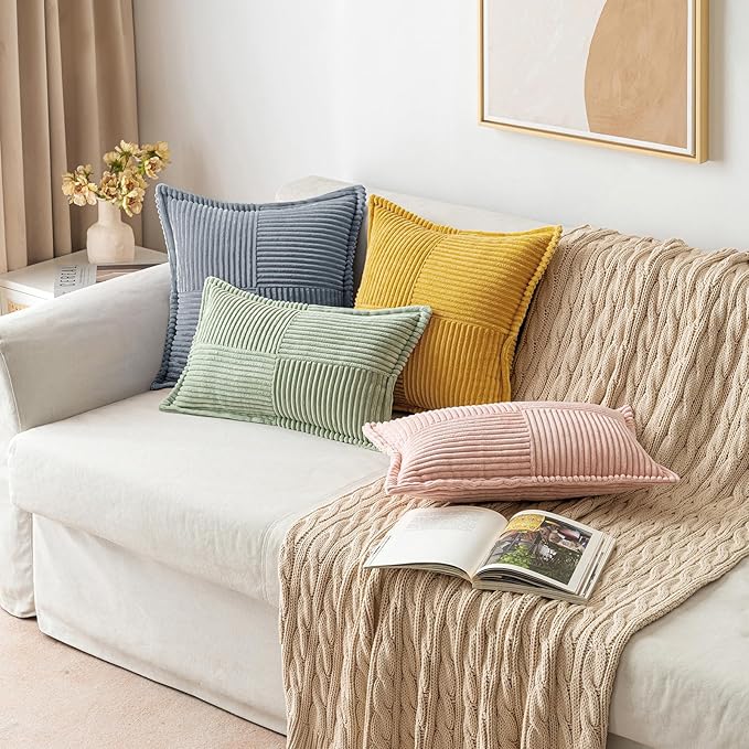 MIULEE Decorative Throw Pillow Covers for Couch Bed Livingroom 16x16 Inch Set of 2 Dustyblue Boho Accent Throw Pllows Broadside Striped Patchwork Soft Corduroy Pillowcases