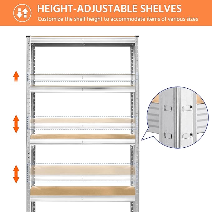 Yaheetech Standing Shelf Units, 5 Tier Storage Shelf, Heavy Duty Shelving, Adjustable Garage Shelves, Utility Rack Shelf Unit, Basement Warehouse Shed, 35.5″W× 12″D × 71″H - Silver