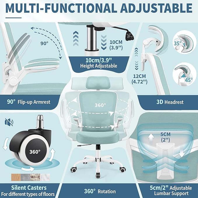 FelixKing Ergonomic Office Chair, Headrest Desk Chair Office Chair with Adjustable Lumbar Support, Home Office Swivel Task Chair with High Back and Armrest, Adjustable Height Gaming Chair(Light Blue)