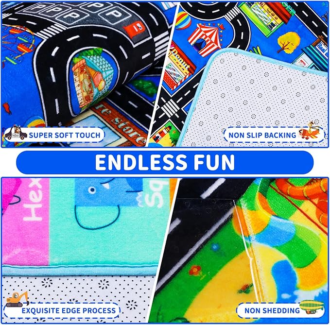 Kids Rugs for Toy Cars Playroom 78.7"×59" ABC Transportation Animals Play Mat Educational Mat Alphabet Area Rug Public Buildings Kids Playtime Collection Toddler Learning Carpet